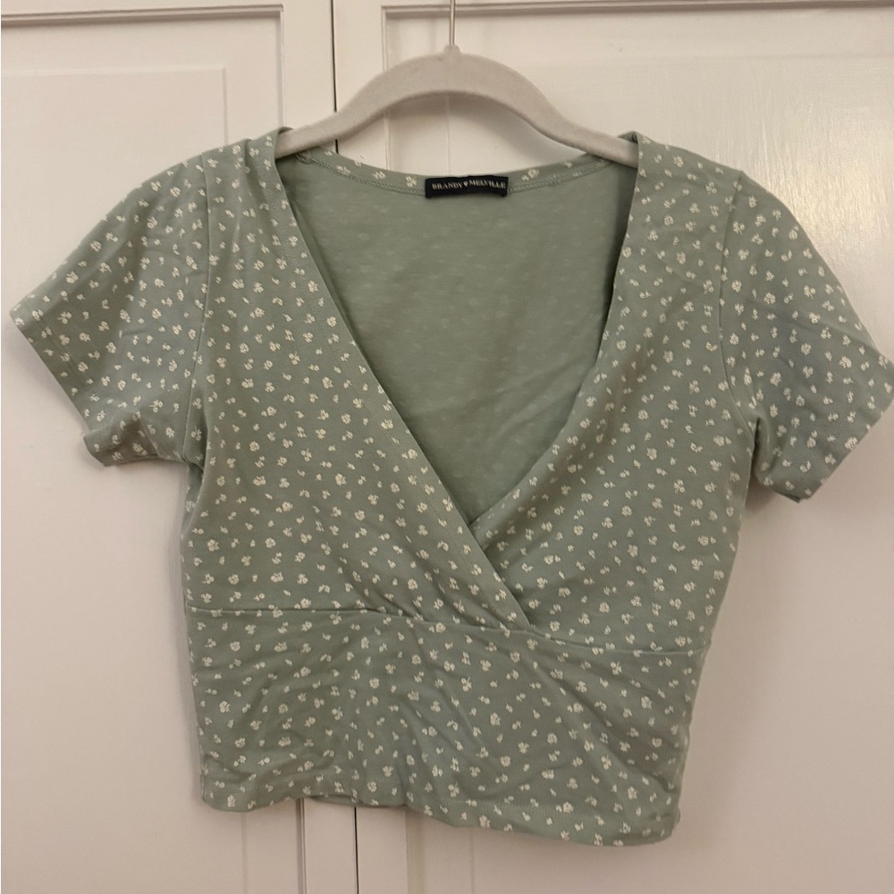 Brandy Melville Green Flutter Sleeve Wrap Blouse